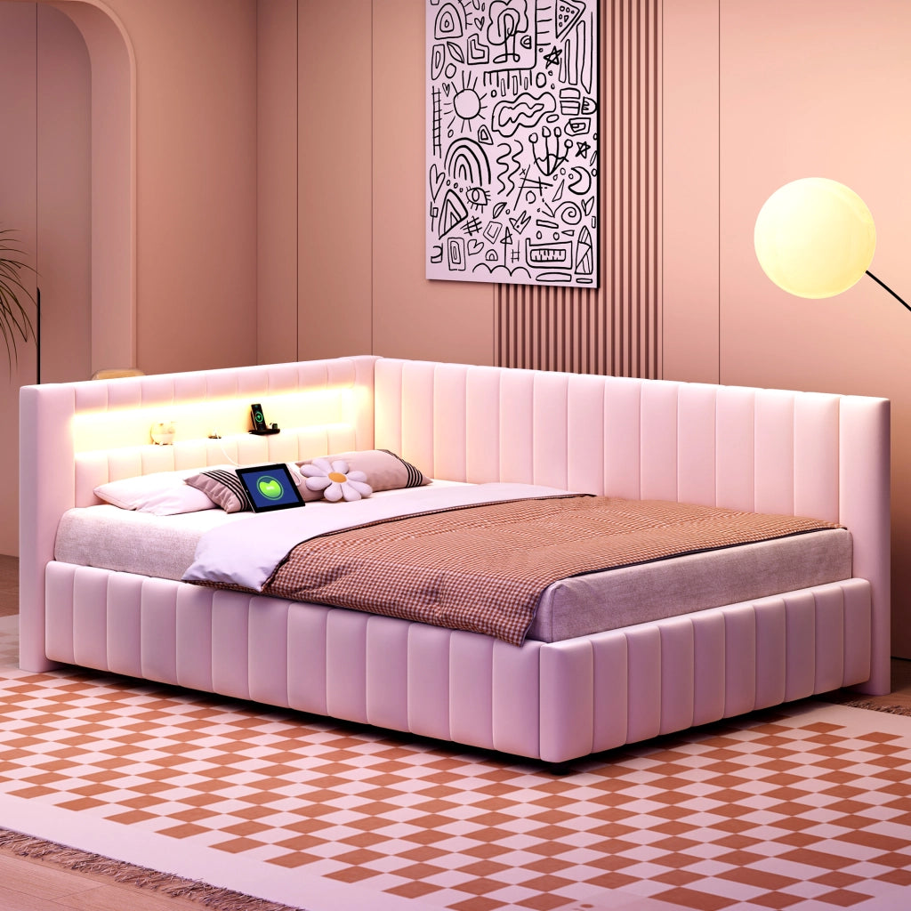 Letto a Divanetto 140 x 200 cm; con LED e USB; con Schienale e Testiera; in Velluto; Beige