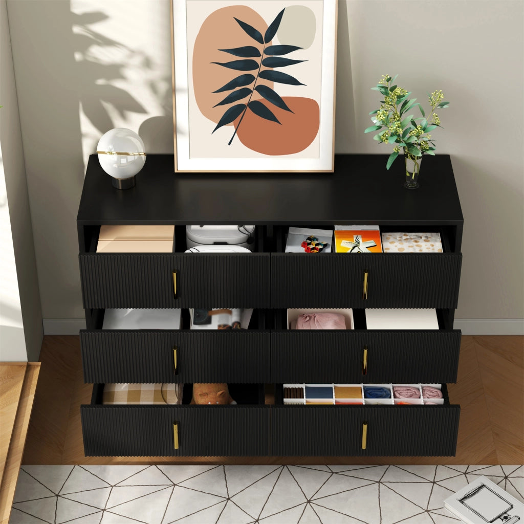 Credenza moderna 120x40x77 cm con sei cassetti; struttura in truciolare nero e oro