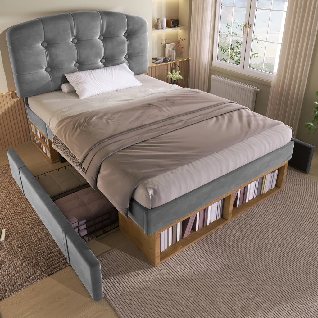 LETTO 90x200 cm Imbottito in Velluto Grigio con Cassetti e Testiera Regolabile