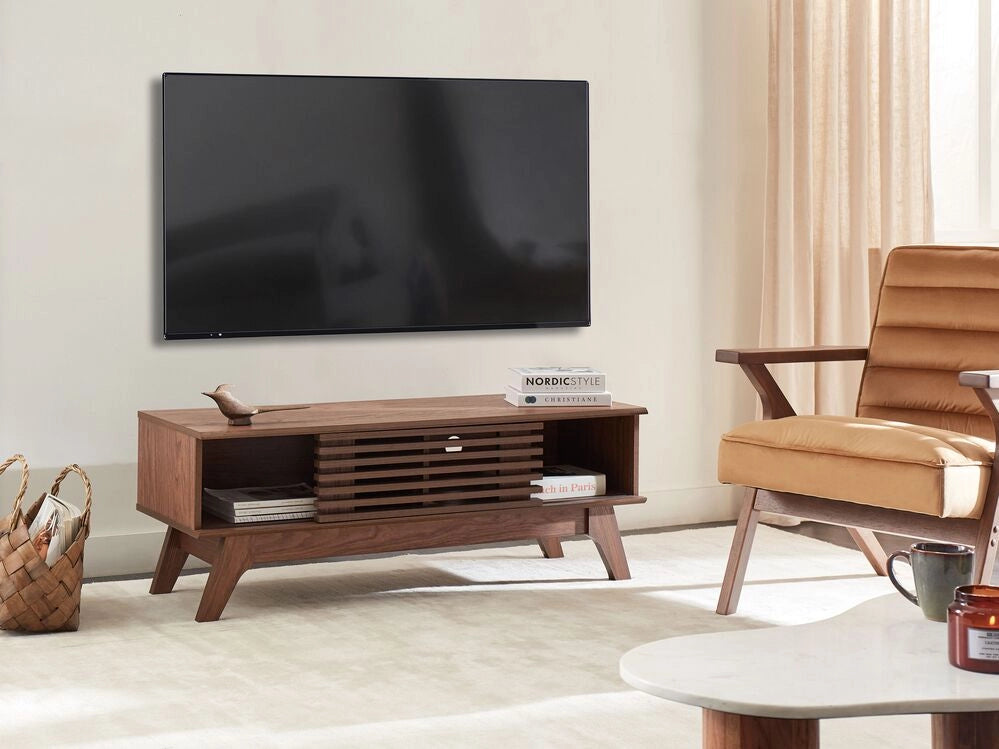 Mobile TV in legno scuro con vano portaoggetti anteriore a scorrimento stile moderno contemporaneo