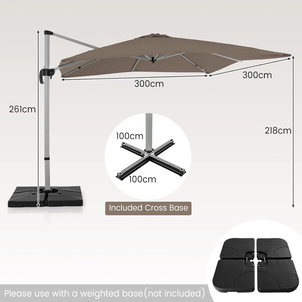 Ombrellone da Giardino Quadrato 3x3m, Pieghevole e Regolabile in Altezza con Base a Croce, Ombrellone da Balcone, Altezza 260cm, Ombrellone Parasole per Cortile, Terrazza, senza Base