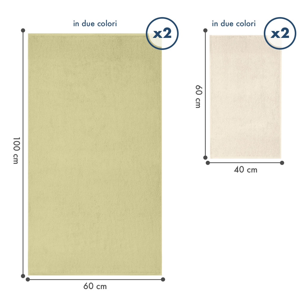 Asciugamani Bagno 100% Spugna Puro Cotone 500 Gr 4 Pezzi 2 Salvietta Viso 2 Asciugamano Ospite Mani Qualità Certificato Oeko-Tex Salviette Super Morbide Bicolore Panna/Salvia