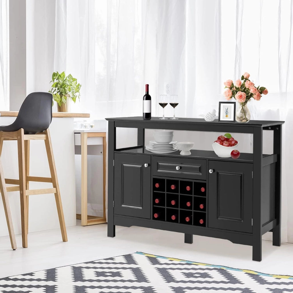 Tavolo Portabottiglie, 2 Ripiani, 12 Bottiglie, Cantinetta con 1 Cassetto e 2 Ante, Portabottiglie per Conservare ed Esporre il Vino, 116x40x82cm, 3 Colori (nero)