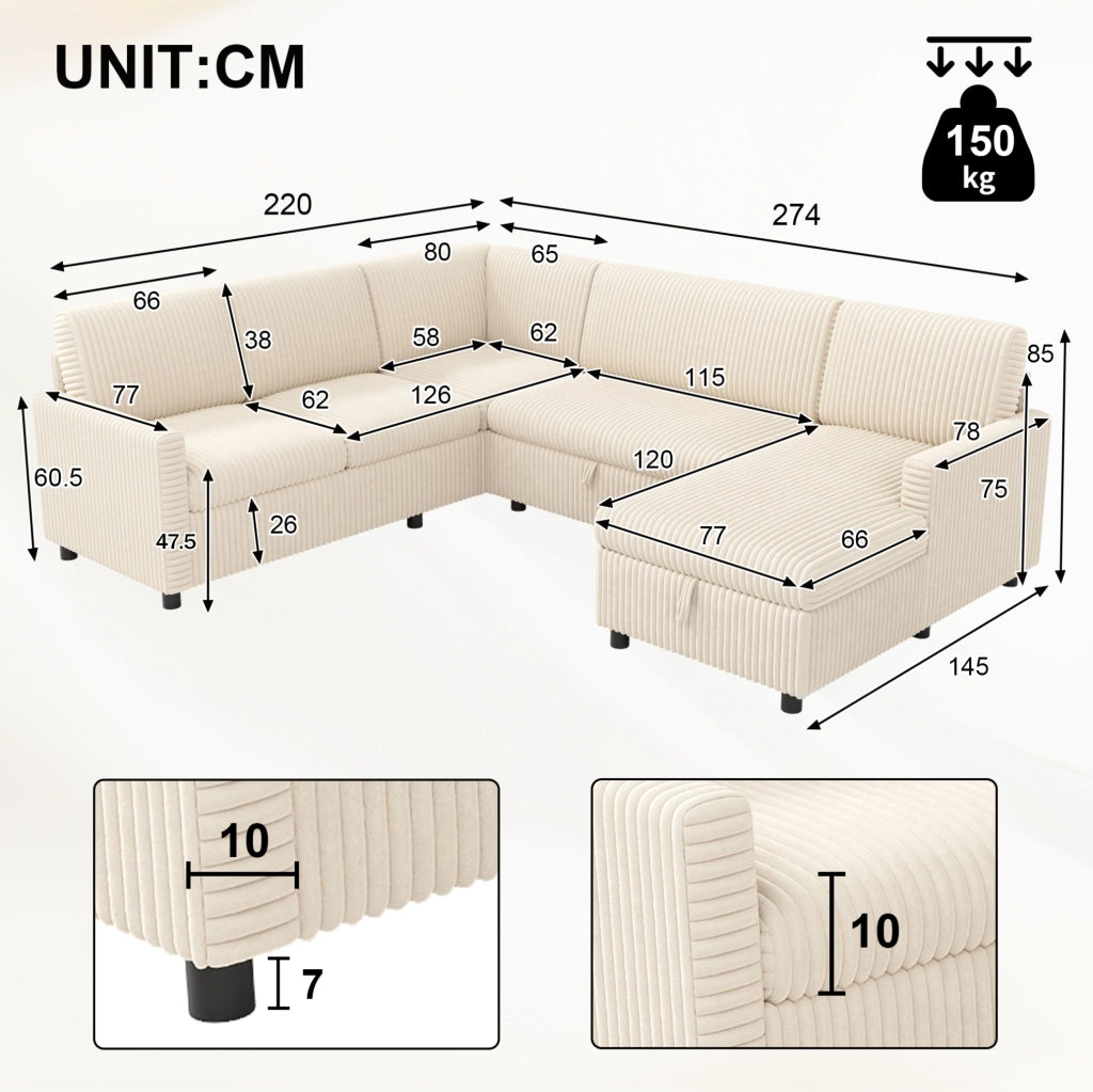 Divano letto a U con contenitore; corduroy beige; 274x220x85 cm