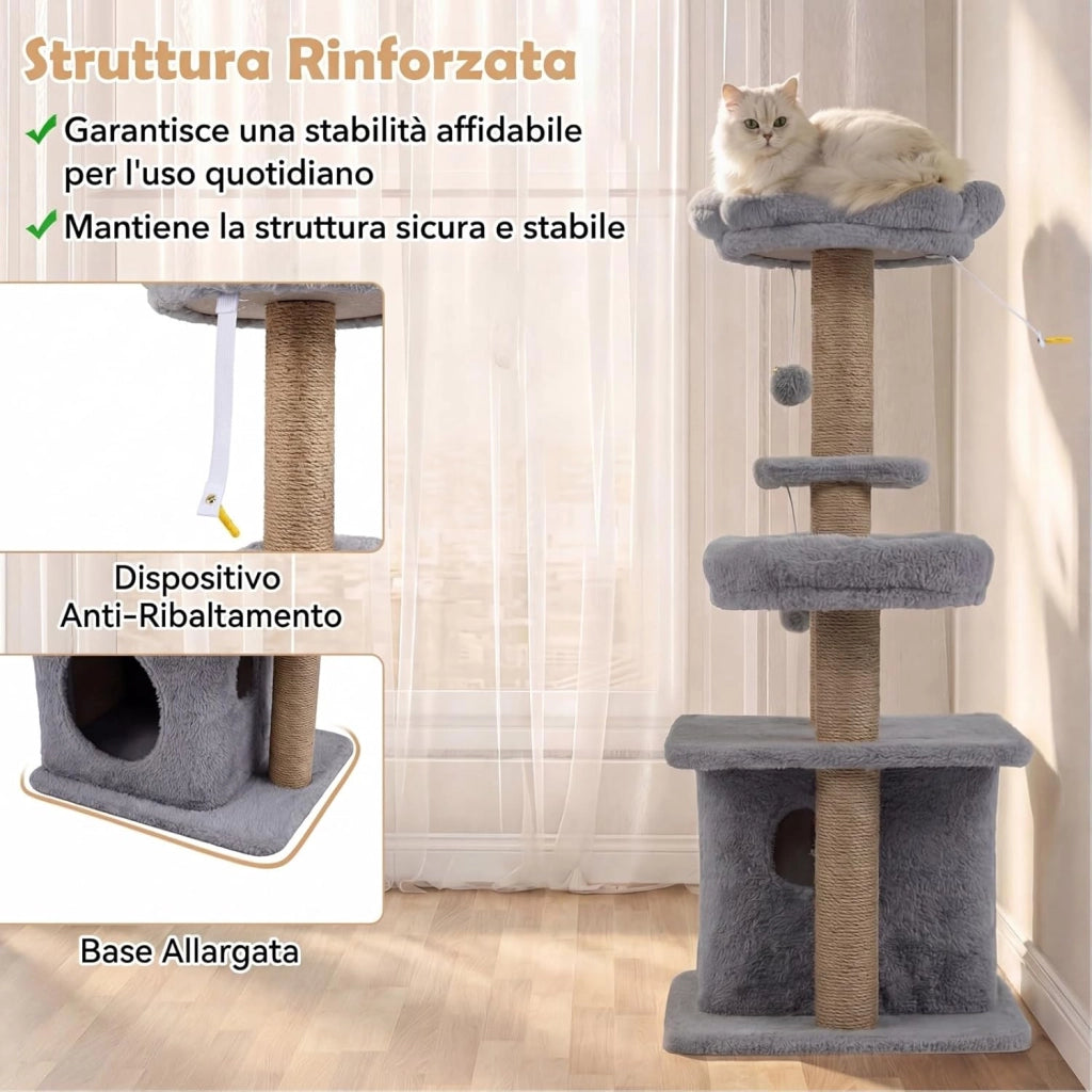 Albero per Gatti, Alberi Tiragraffi Alta 96 cm con Poggiolo Imbottito a Forma di Fiore, Condo Accogliente & Letto per Gatti, 2 Palline con Campanelli Appese & Posti per Graffiare (Grigio)