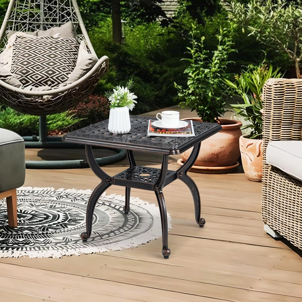 Tavolo da giardino resistente agli agenti atmosferici, in alluminio pressofuso, tavolo da balcone quadrato con ripiano e poggiapiedi regolabili, tavolo da terrazza, tavolino antico per