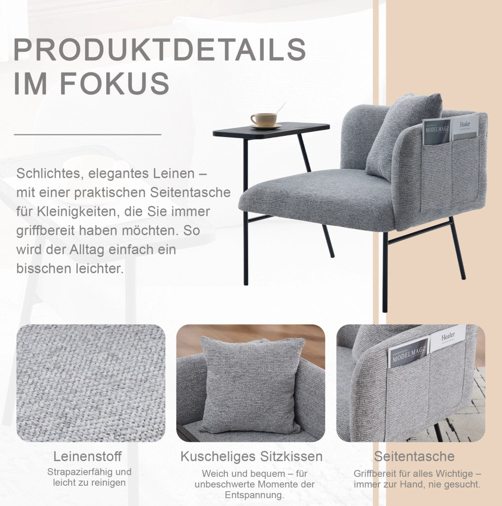 Poltrona relax in chenille grigia con tavolino laterale e tasche