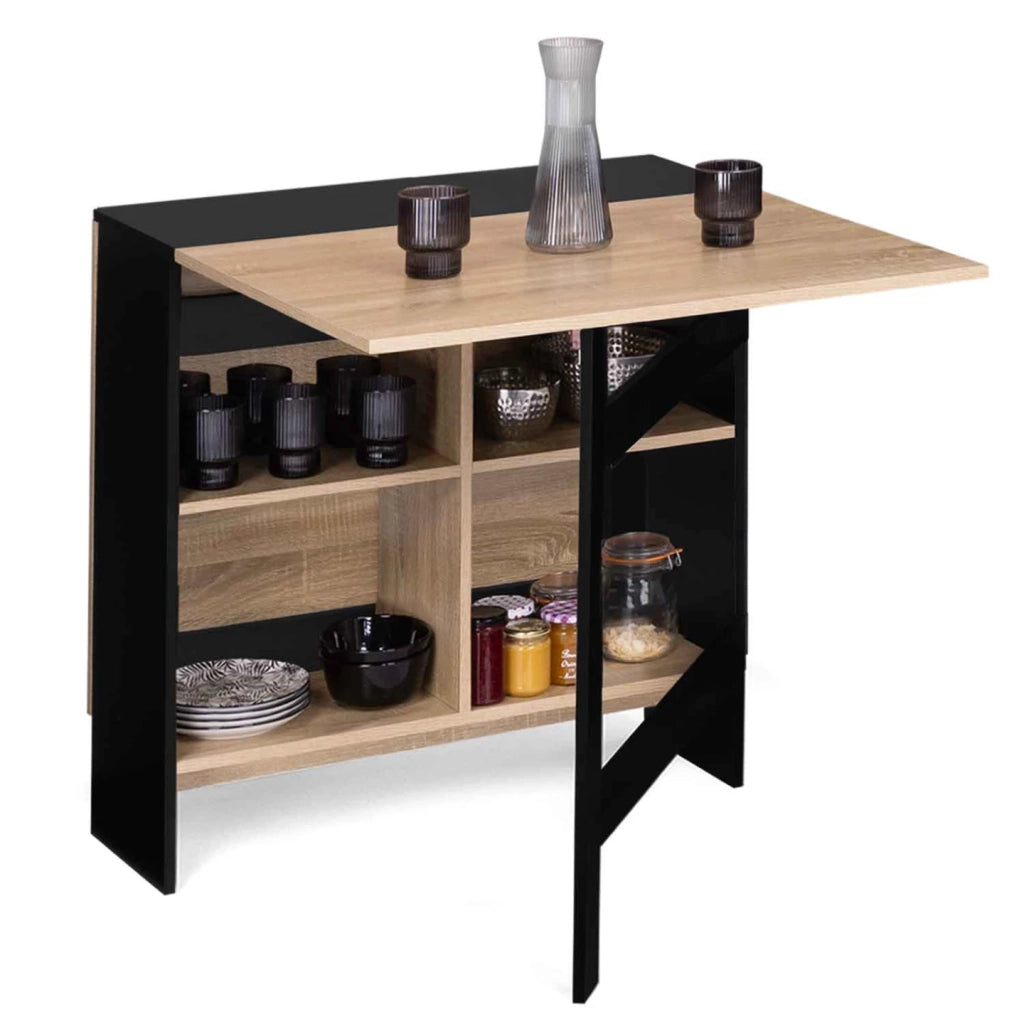 IDMarket - EDI Consolle pieghevole per 2-6 persone con contenitore in legno nero e piano in faggio 150 x 80 cm