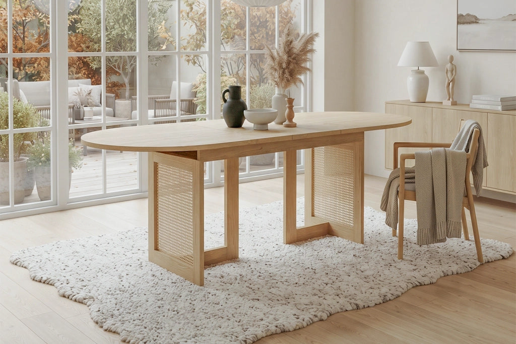 Tavolo allungabile per 6-8 persone con angoli arrotondati e dettagli effetto rattan, in MDF, rovere