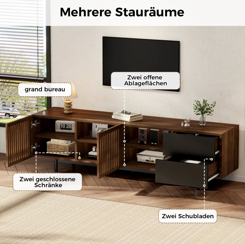 MOBILE TV 160x38x50 cm MDF Noce e Nero con Ante a Lamelle e 2 Cassetti
