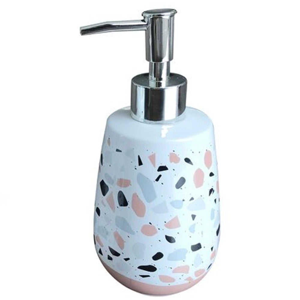 Trade Shop - Dispenser Porta Sapone Bagno Graniglia Bianco Multicolore Con Base Rosa 59875 -