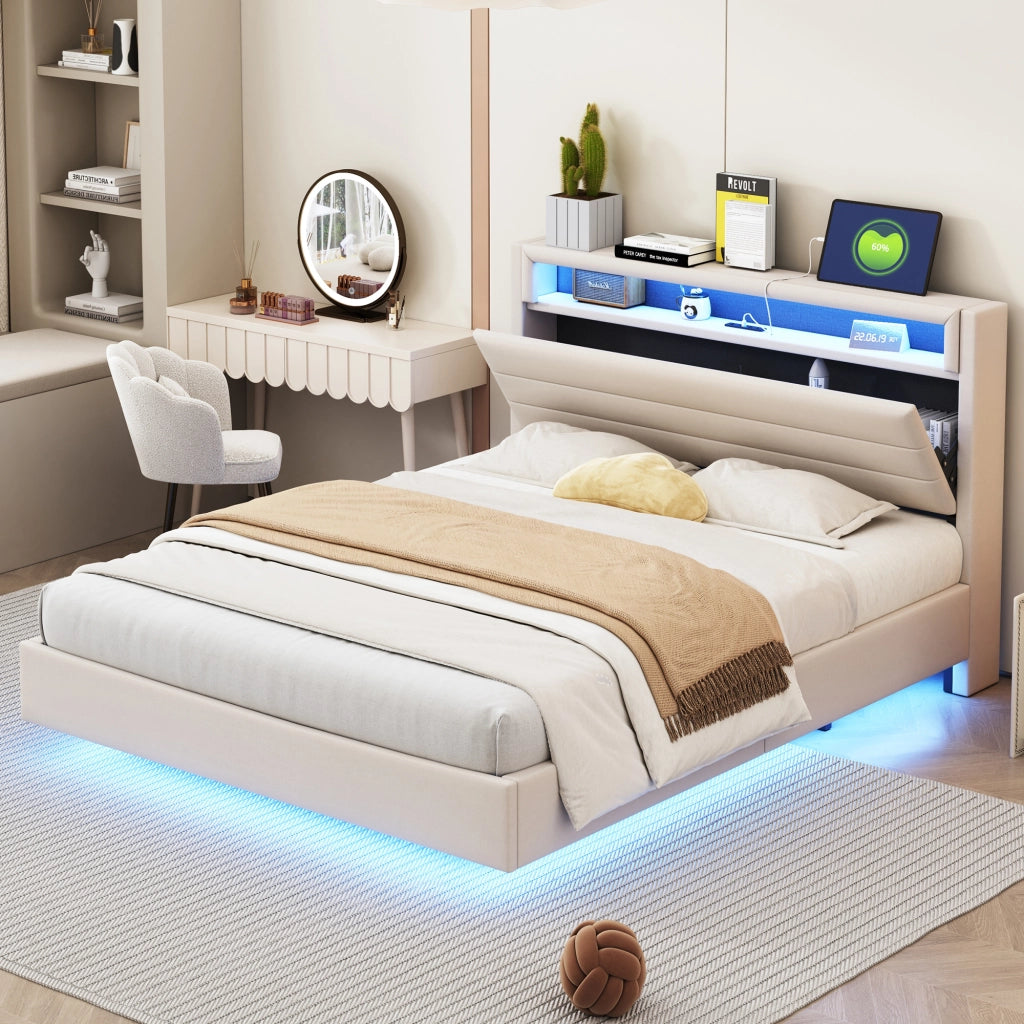 OKWISH Letto Imbottito 140×200 cm, Letto Matrimoniale con USB, LED Regolabile e Testiera Reversibile, senza Materasso, Beige