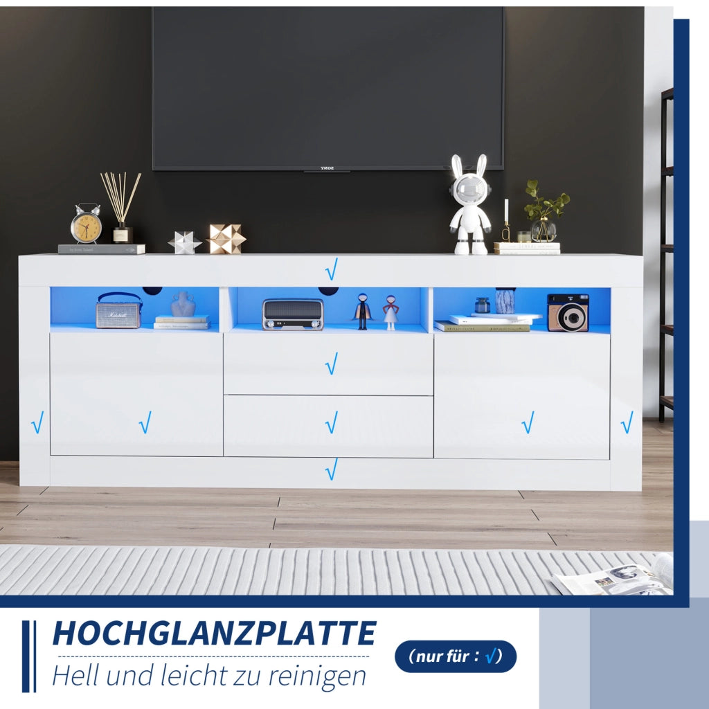 Mobile TV bianco lucido 160x35x60 cm con LED, 2 ante e 2 cassetti