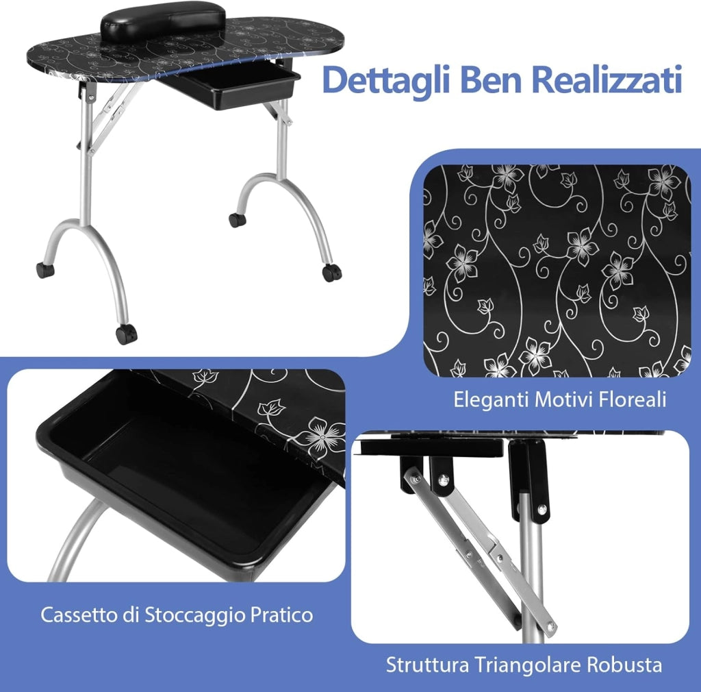 COSTWAY Tavolo per Manicure, Tavolo per Unghie Pieghevole per Estetista con Ruote, Cassetto e Cuscino Poggiapolsi (Nero)