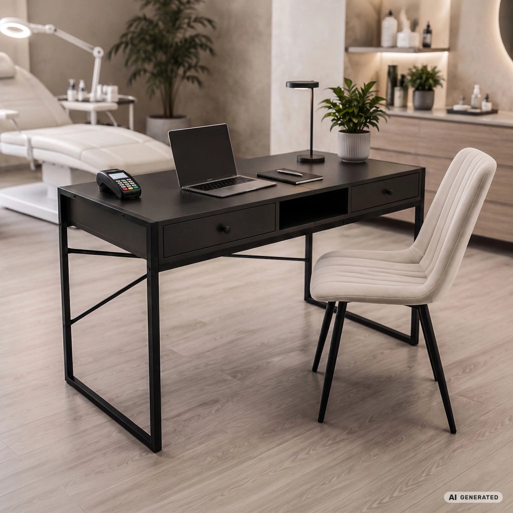 Scrivania industriale per computer Nera ELONIS 123 cm 2 cassetti 1 ripiano gambe nere