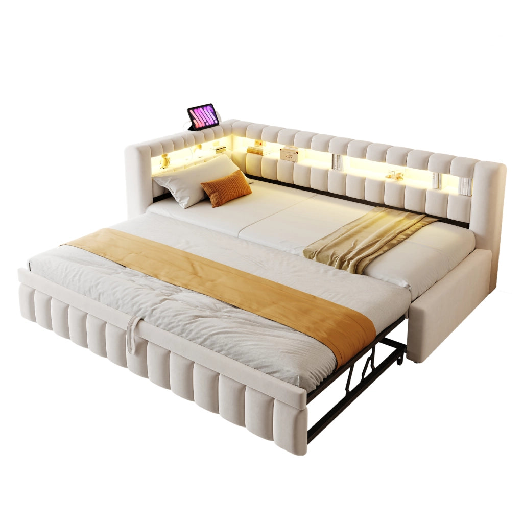 Letto imbottito estraibile 90 x 200 cm beige con LED e ricarica USB