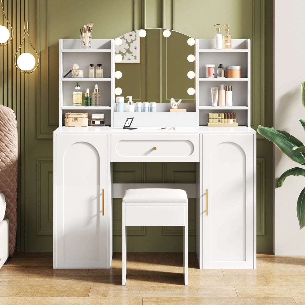 Scrivania Toeletta con Specchio LED, Cassetto e Ante ¨C MINIMAL ¨C Bianco, 110x40x132