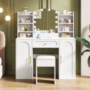 Scrivania Toeletta con Specchio LED, Cassetto e Ante ¨C MINIMAL ¨C Bianco, 110x40x132