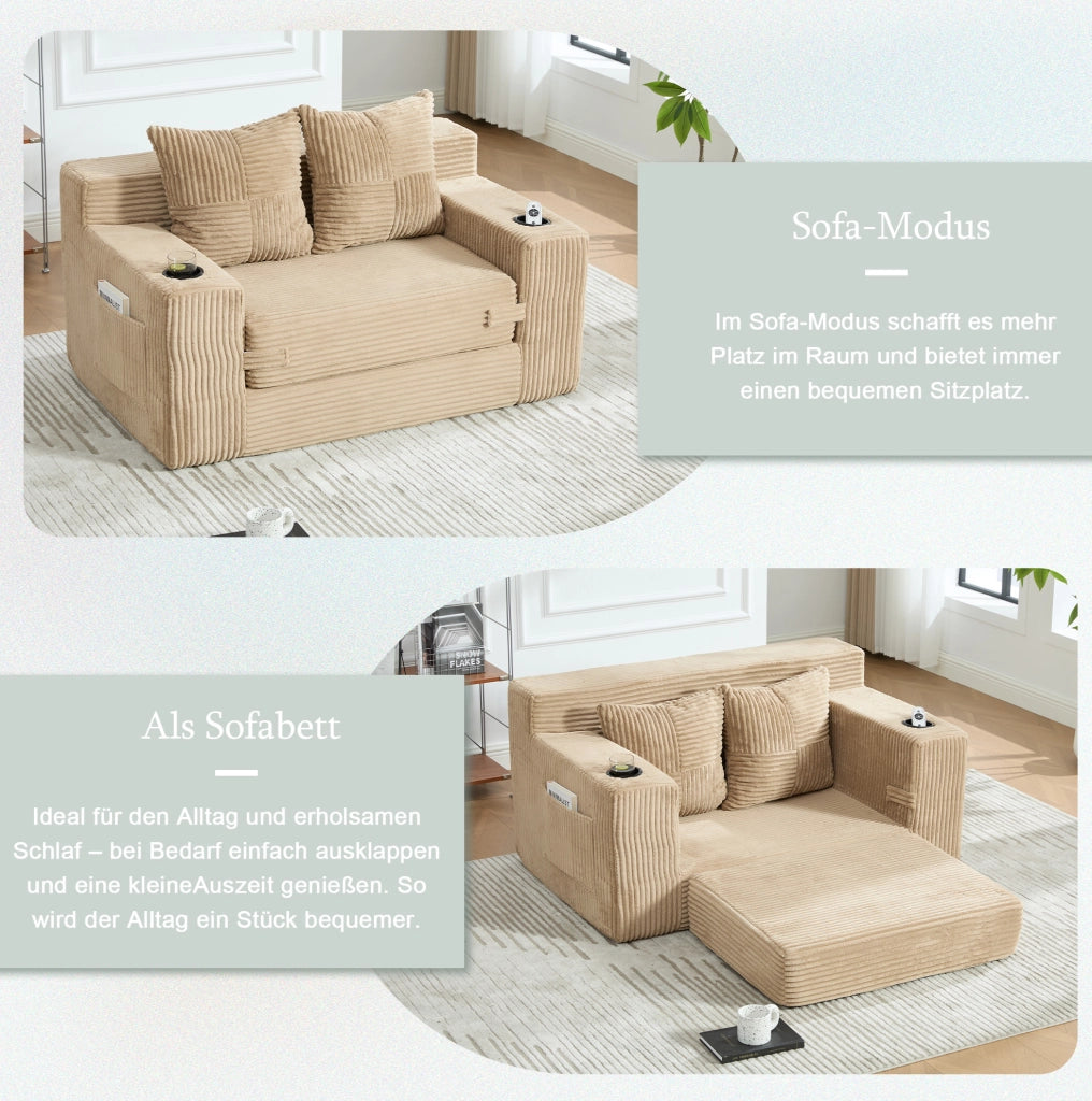 Divano pouf in velluto a coste kaki con tasche laterali e 2 cuscini; 151 x 133 x 64 cm