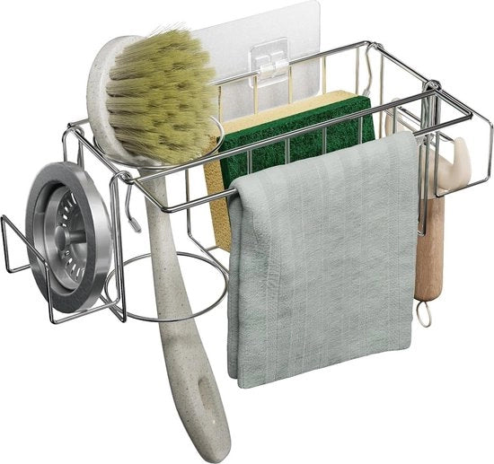 Organizzatore di Rubinetto in Acciaio Inossidabile con Maniglia a Spugna, Tasca per Asciugamano, Contenitore per Sapone, Organizzatore per Spugne, Organizzatore per Spazzole con Gancio di Adesione