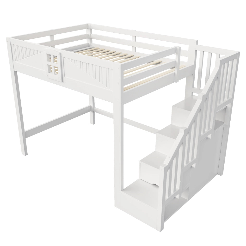 Letto a soppalco letto matrimoniale 140 × 200 cm con scala contenitore, ripiani e finestra, senza materasso, in legno, bianco