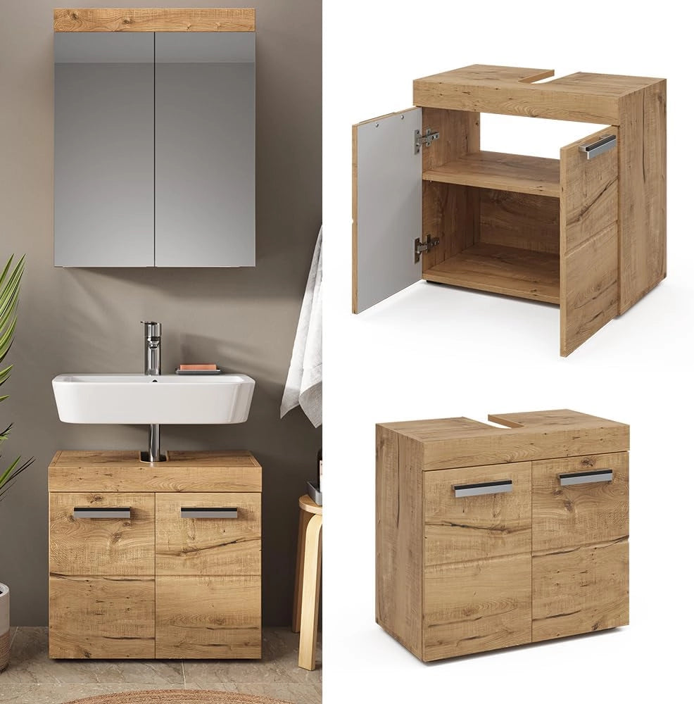 Mobile sottolavabo per bagno Luna, Quercia Wotan, 60 x 56 cm, per montaggio a parete, combinabile con altri mobili Luna
