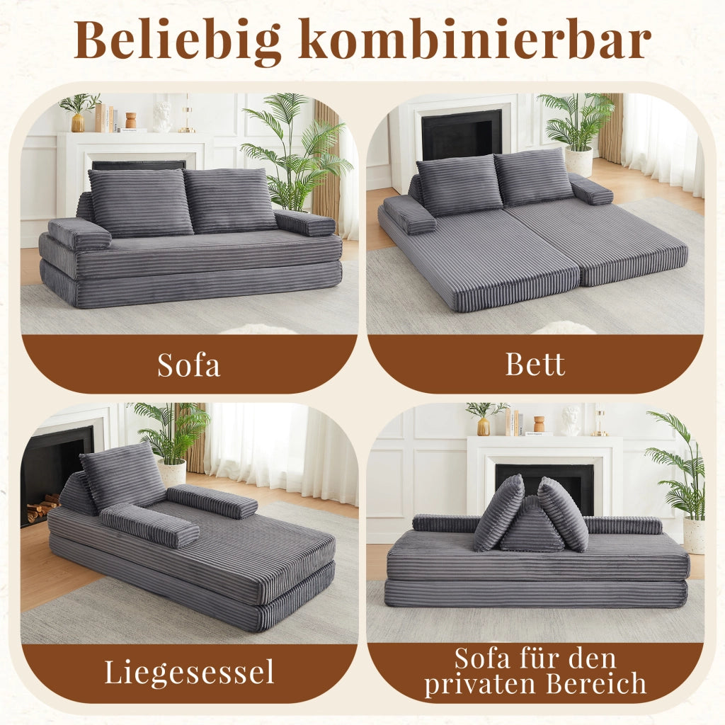DIVANO Modulare 211 cm Grigio in Corduroy e Schiuma, Convertibile in Letto