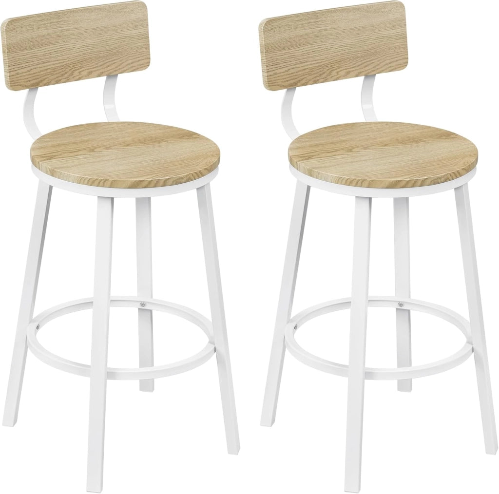 Sgabelli Cucina Set di 2, Sgabelli da Bar per Colazione, con Poggiapiedi e Schienale, Struttura in Metallo, Bianco