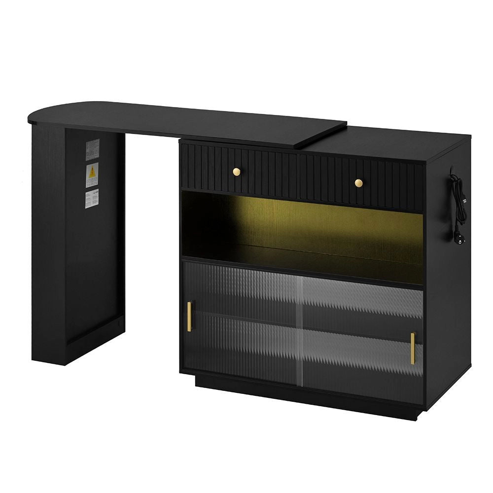 Tavolo bar estensibile girevole 360¡ã - Xylo - LED, spazio di archiviazione, buffet reversibile con pannello forato e prese elettriche, nero