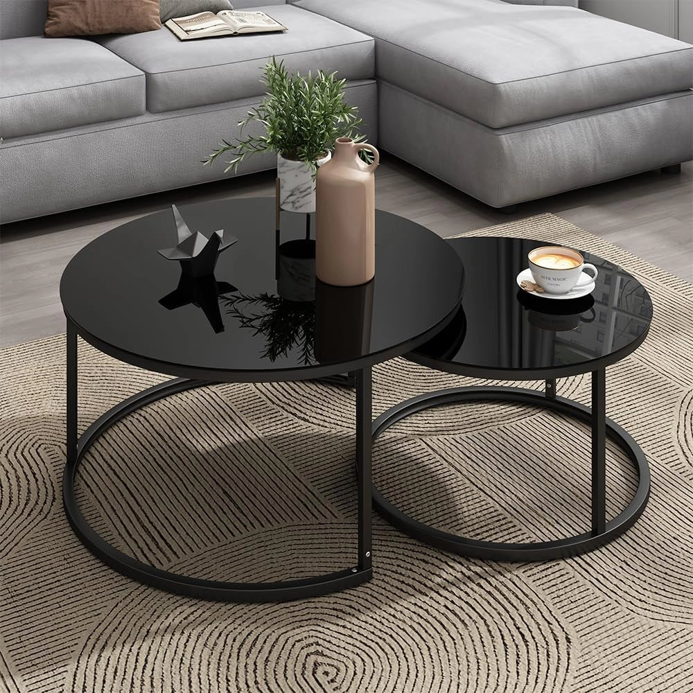 Set di tavolini Montreal, Nero lucido, 77 x 77 cm 2 parti, salvaspazio, pieghevole e combinabile in modo versatile