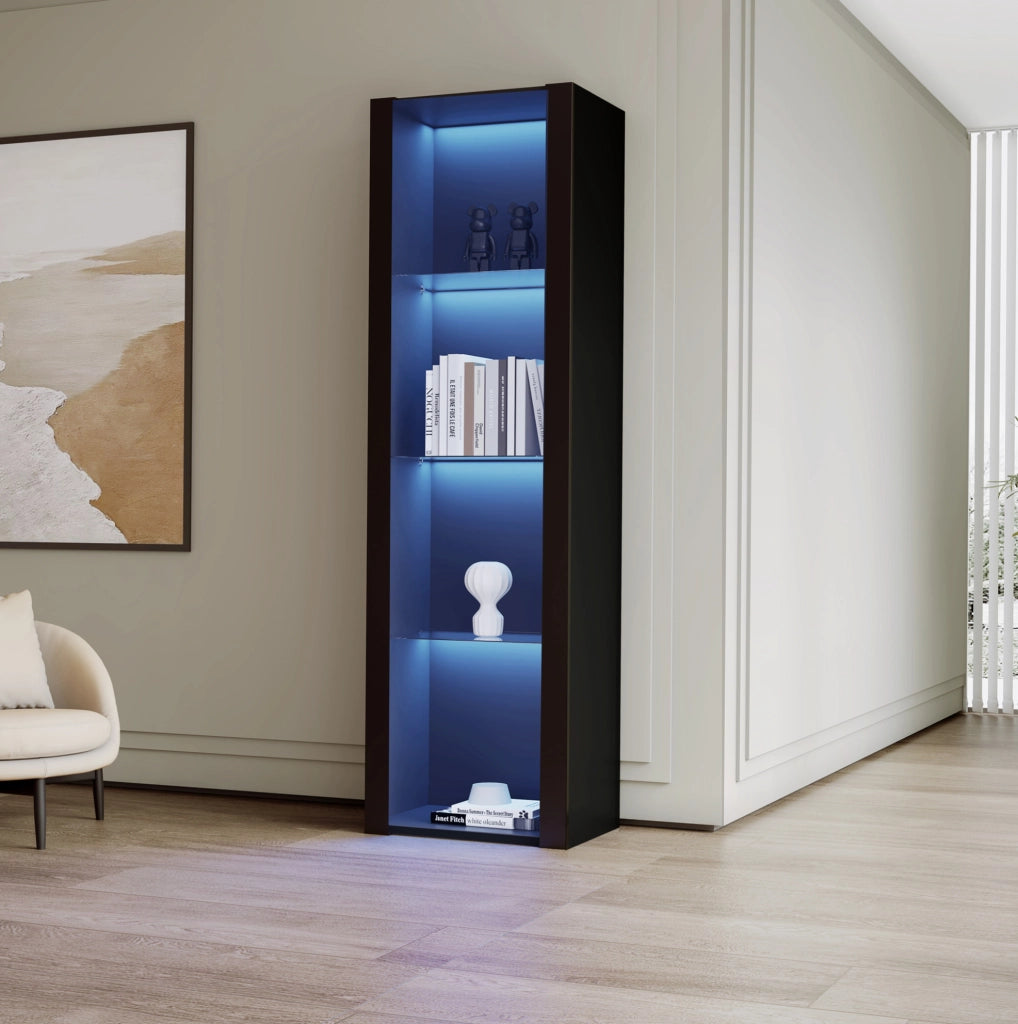 Vetrina nera lucida con LED, 3 ripiani in vetro, 55x38x166 cm