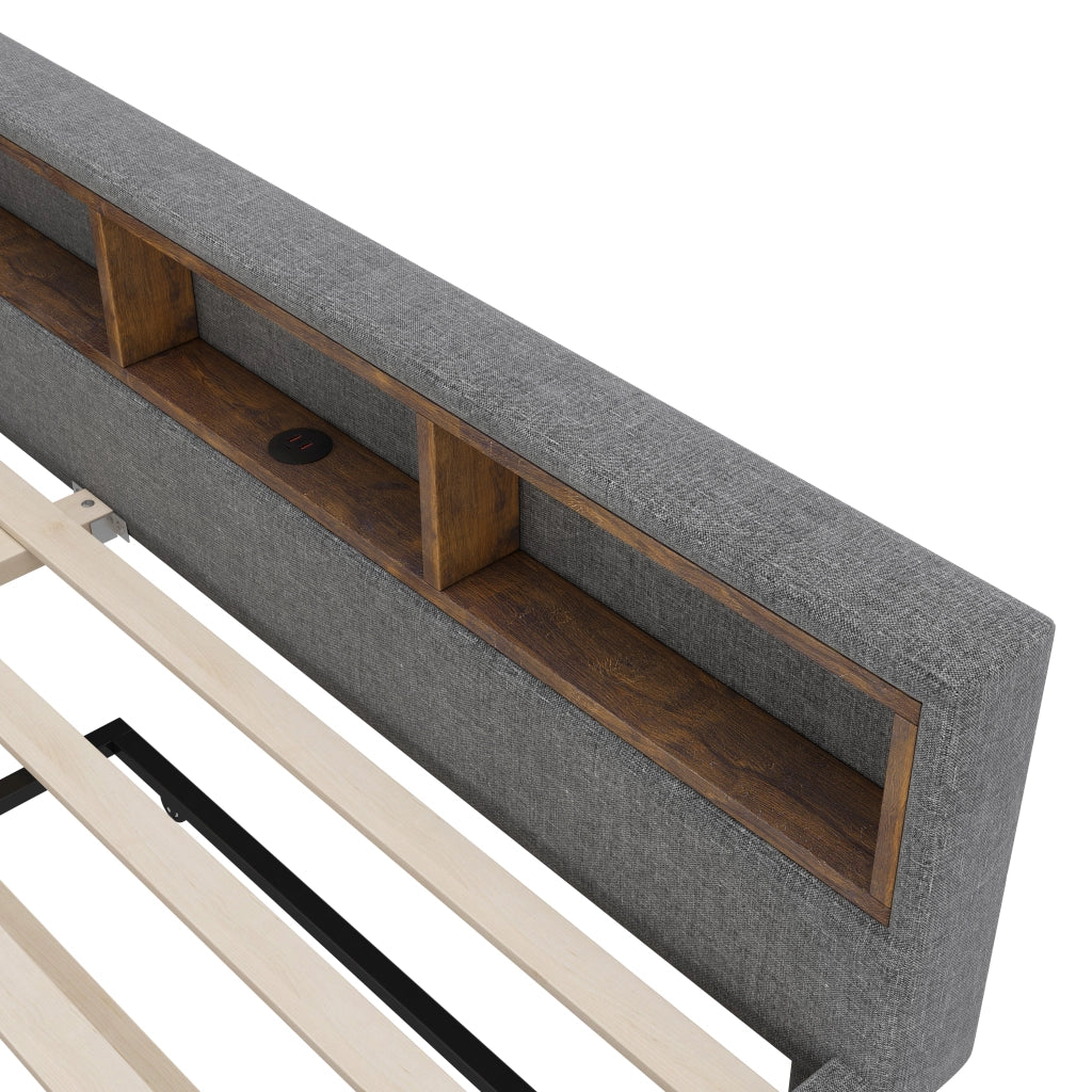 LETTO estraibile 140x200 cm in lino grigio con USB, LED e vani