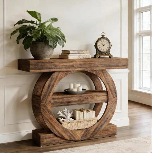 Tavolino consolle ULEVR 105x30x85 cm con 3 ripiani aperti, stile rustico, marrone rustico