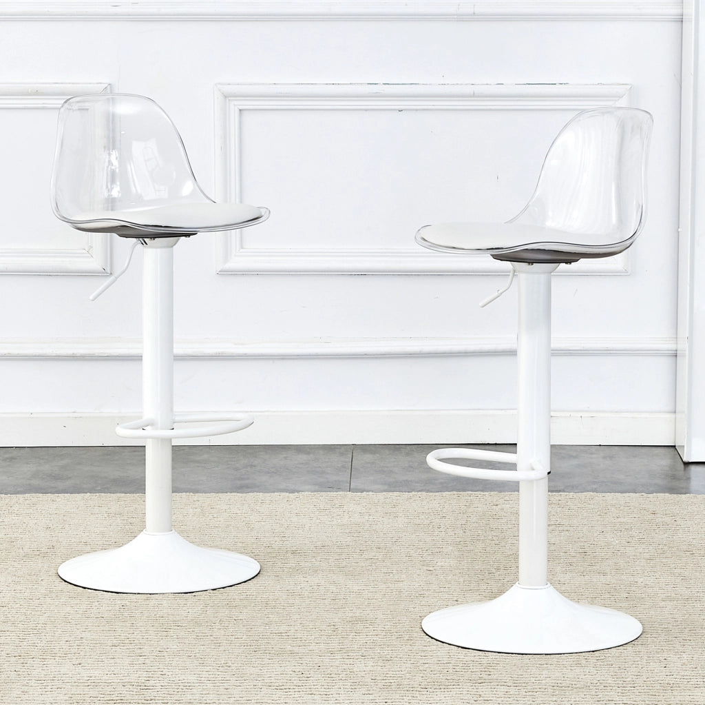 Set di 2 sgabelli da bar 51x49.5x50 cm regolabili con schienale trasparente in metallo e plastica bianco