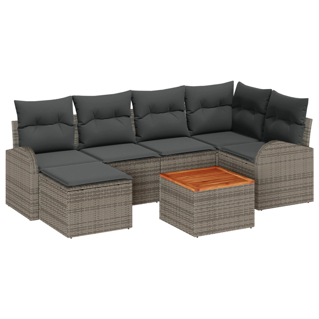 Set giardino in 7 pezzi con cuscini grigi in polyrattan e acacia