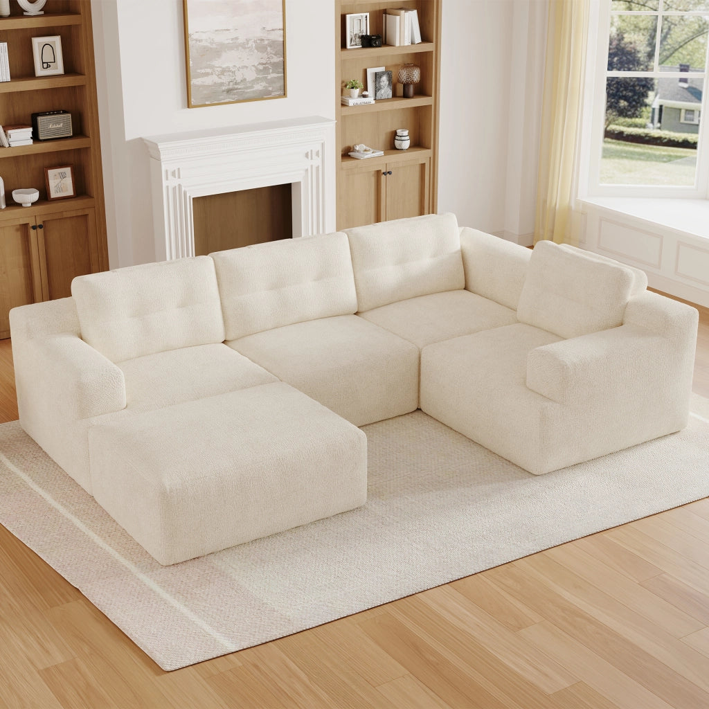 Divano modulare a U componibile con poggiatesta alto e pouf design senza telaio senza montaggio in chenille beige