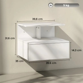 Comodino sospeso con cassetto e vano aperto in legno bianco
