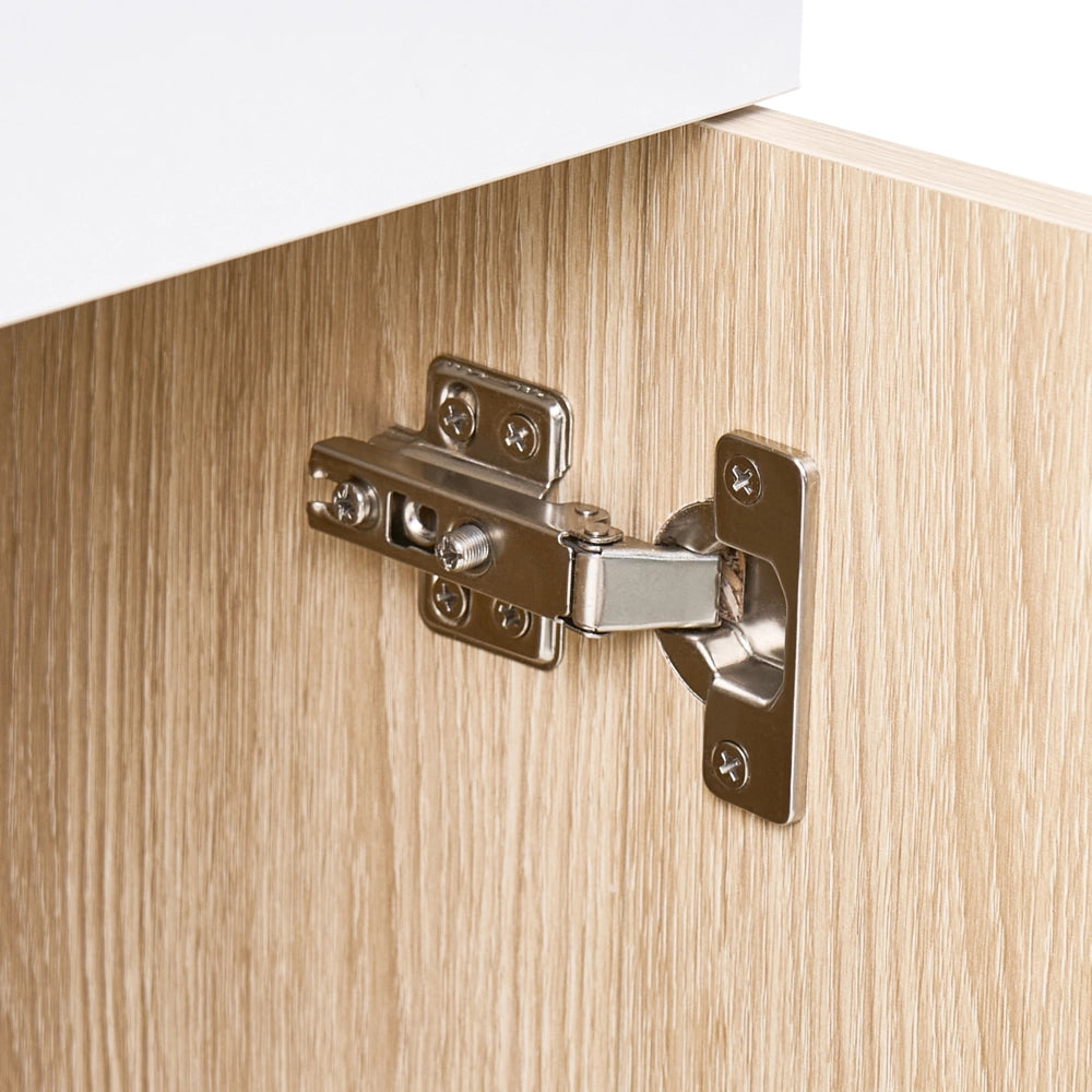 Fasciatoio con ripiani e cassetti in truciolato gambe in legno di pino contenitore per cameretta, marrone chiaro stile moderno