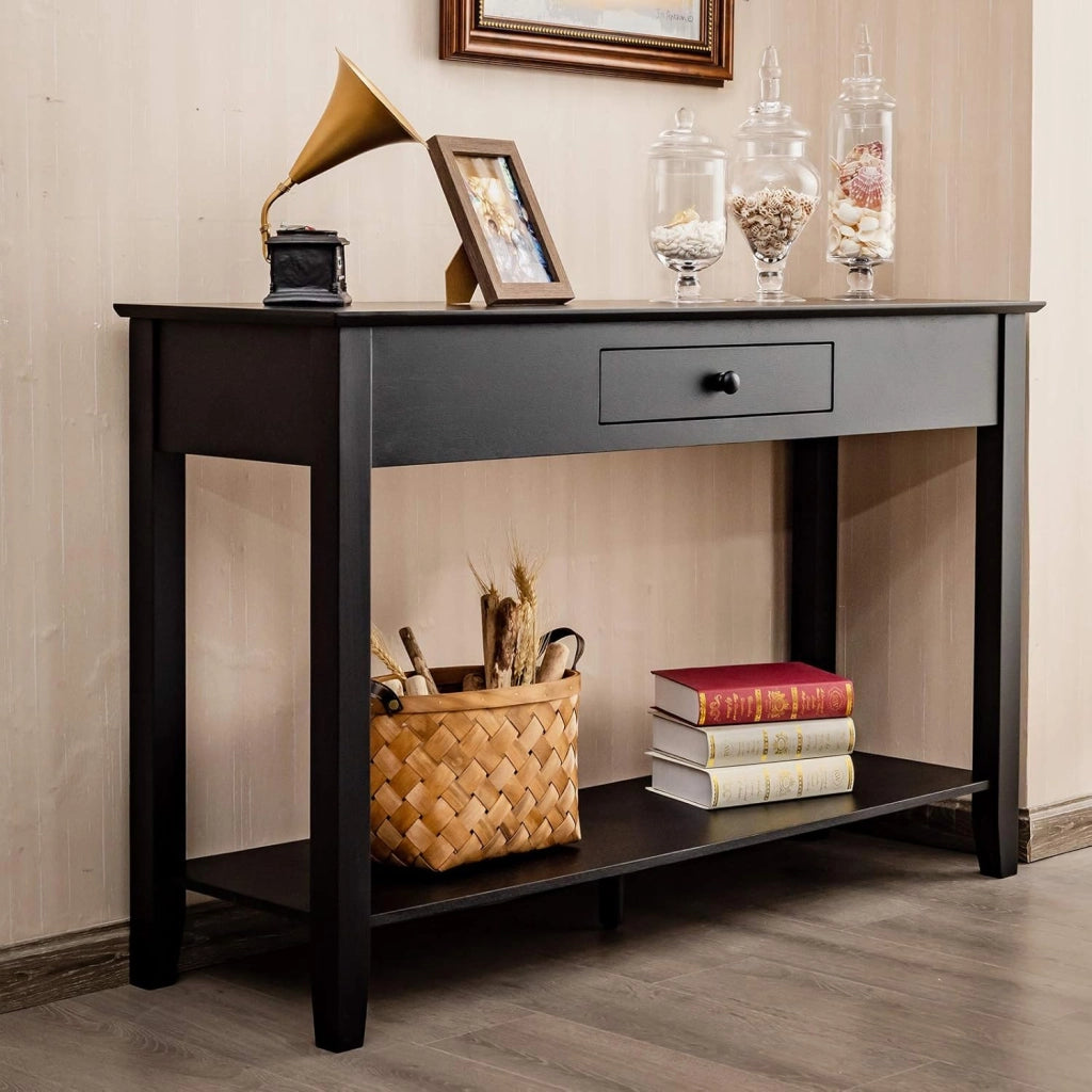 Tavolo consolle con cassetto, ripiano e piattaforma di visualizzazione a 2 ripiani in legno per ingresso, corridoio, soggiorno, camera da letto, tavolo multifunzionale per ingresso (nero)