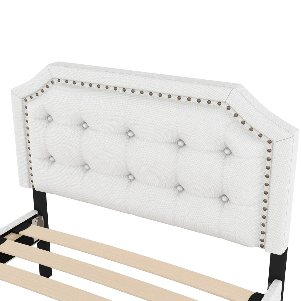 Letto imbottito 90x200 cm con 2 cassetti; testiera regolabile; in MDF e lino; beige chiaro