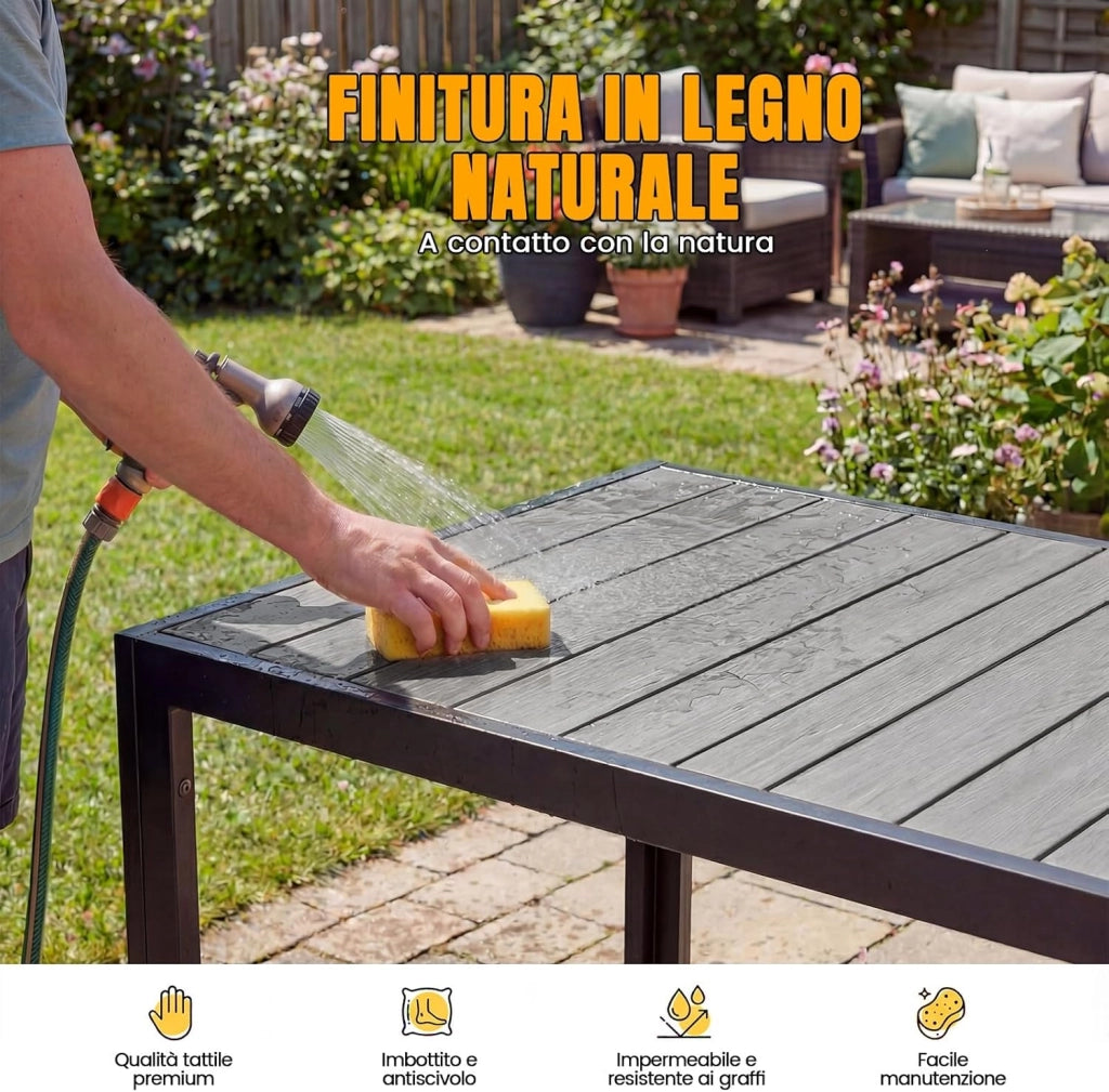 Set Tavolo e Sedie da Giardino 5 Pezzi, Composto da Tavolo 150 cm in Alluminio e 4 Sedie Pieghevoli, Tavolo da Giardino con Finitura a Vena di Legno con Sedie da Terrazza, Balcone, Grigio