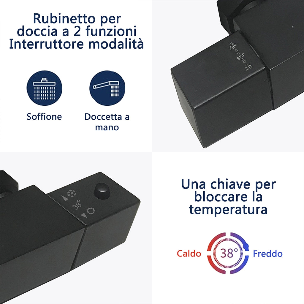 AICA Set Doccia Completo Nero con Soffione, Doccetta, Rubinetto e Saliscendi Quadrati, Miscelatore Termostatico Doccia