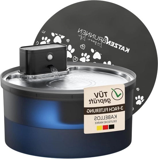Fonte per gatti a batteria senza fili con contenitore in acciaio inossidabile - 32 l fonte per gatti - batteria 4500 mAh - pompa ultrasilenziosa con LED - BPA libero (fonte + 1 ciotola + 1 filtro)