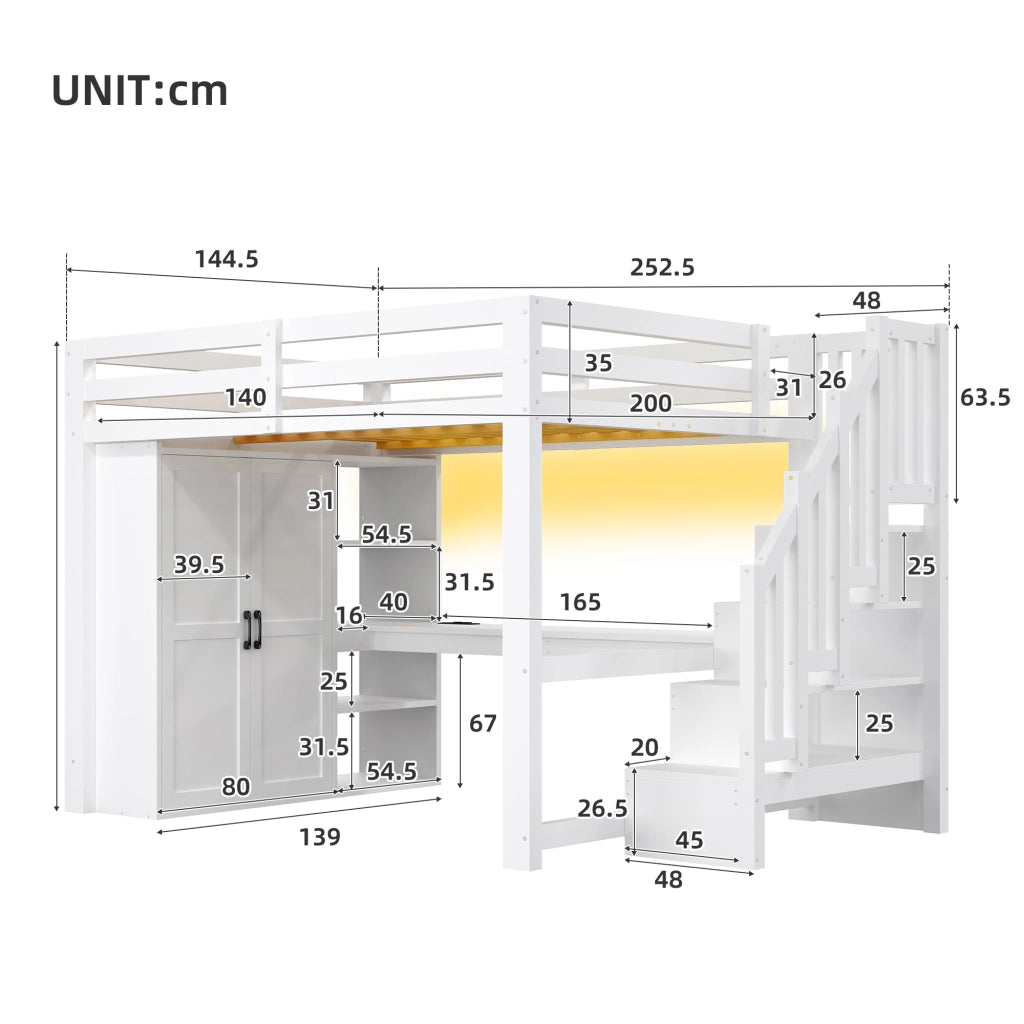 Letto a Soppalco 140x200 cm con Scrivania; Scaffali; Armadio; Scala e LED Bianco
