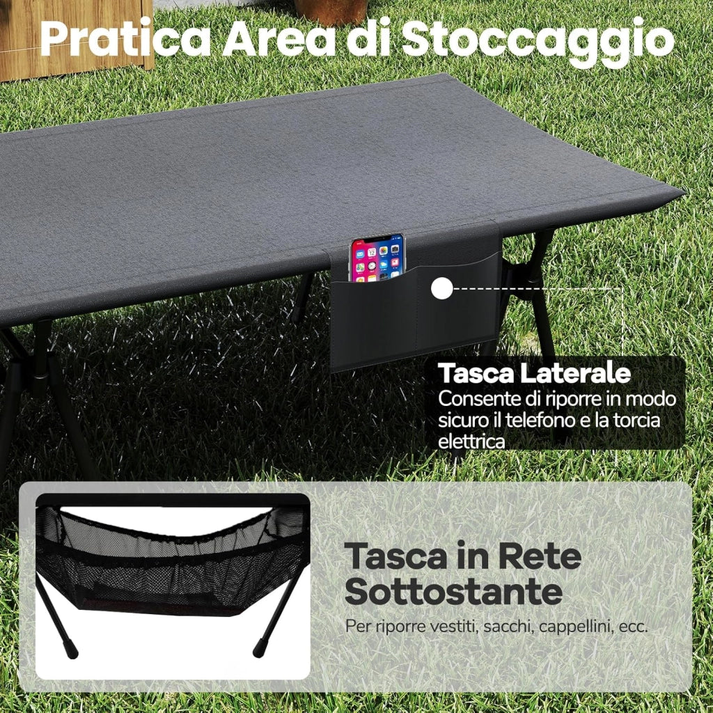 2-in-1 Brandina da Campeggio, Letto Pieghevole e Portatile con Estensori per Gambe, Tasca Laterale e Borsa da Trasporto, Lettino Regolabile in Altezza per Viaggio e Spiaggia, Portata 15 kg