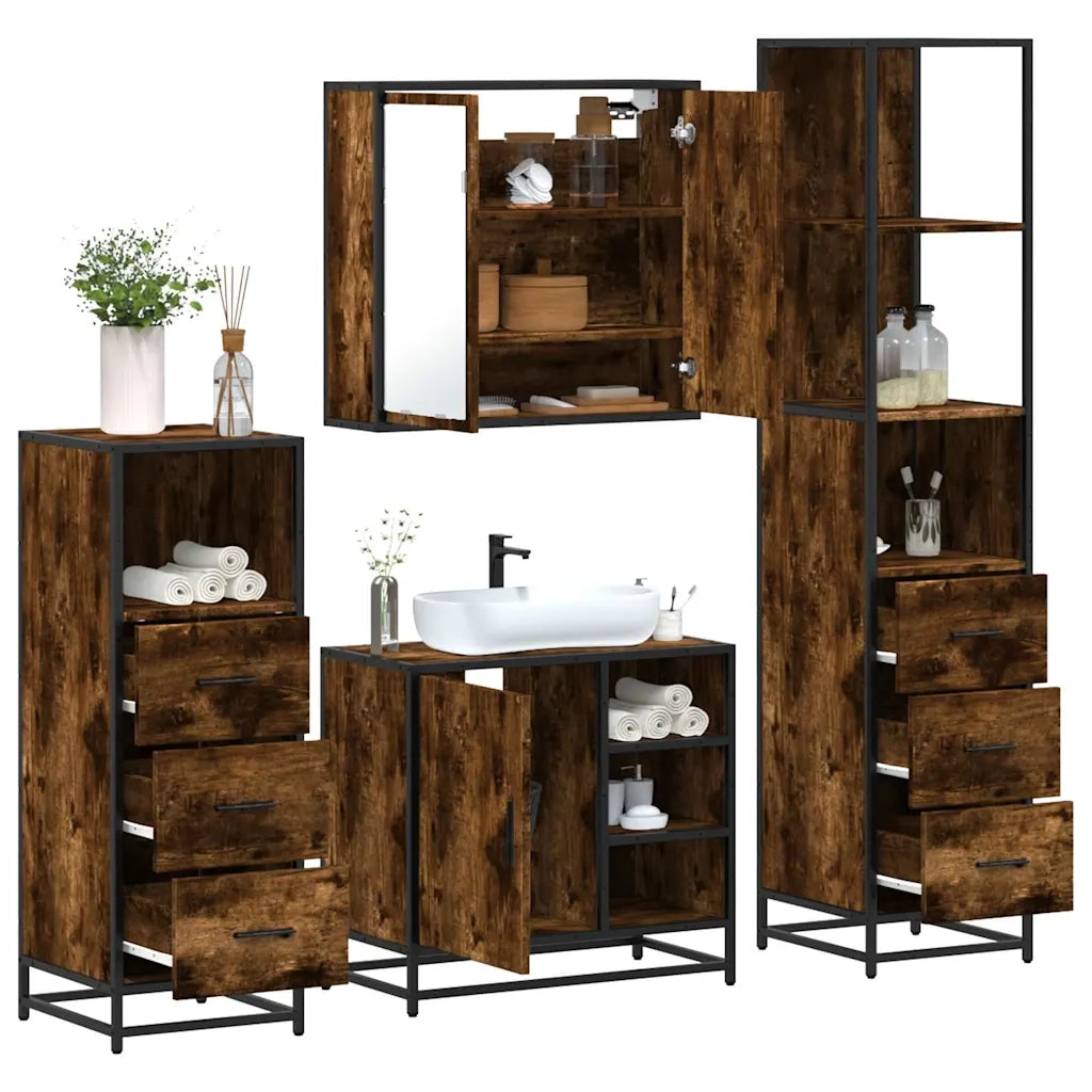 Set Mobili da Bagno 4 pz Rovere Fumo in Legno Multistrato