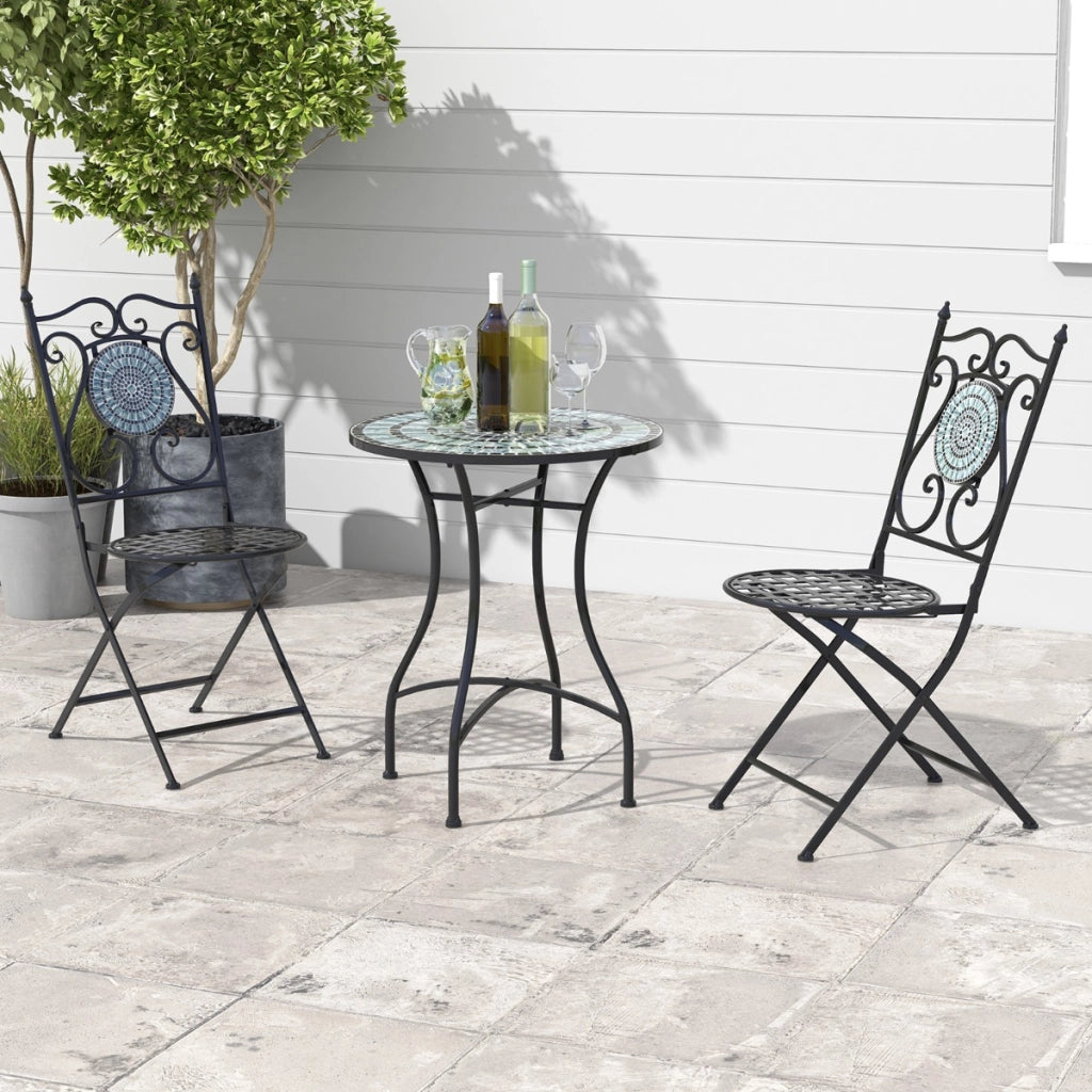 Tavolo da bistrot da esterno con attraente motivo a mosaico, Tavolo da pranzo in metallo robusto per interno 60x72cm-Set mobili da esterno