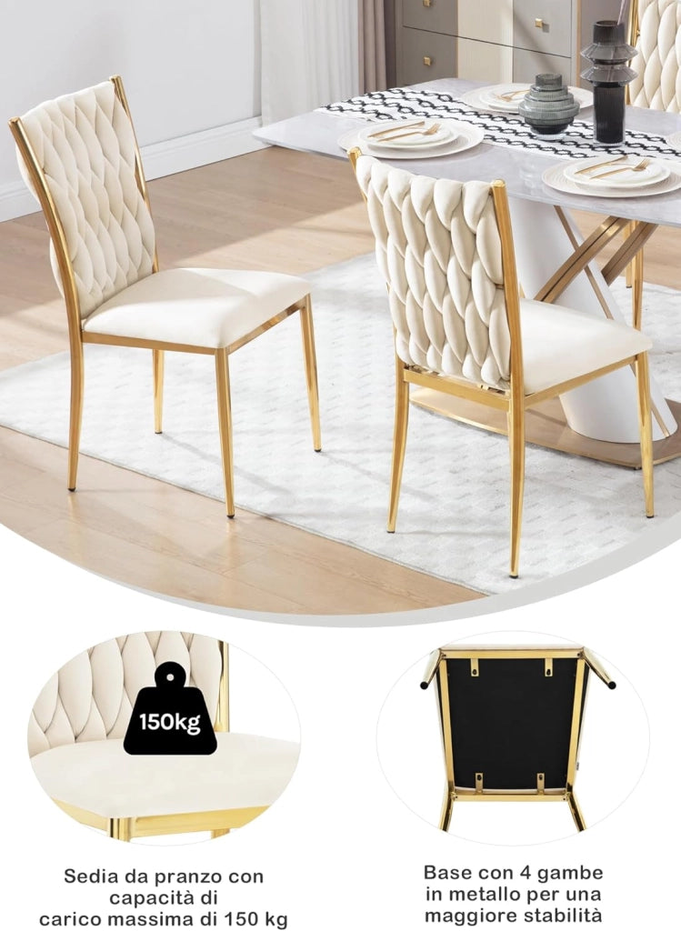 Set di 4 Sedie Sala da Pranzo in Velluto, Trasparenti Moderne di Design, Schienale Alto, Gambe in Metallo, Portata 150 kg, Beige EZS71cm-4