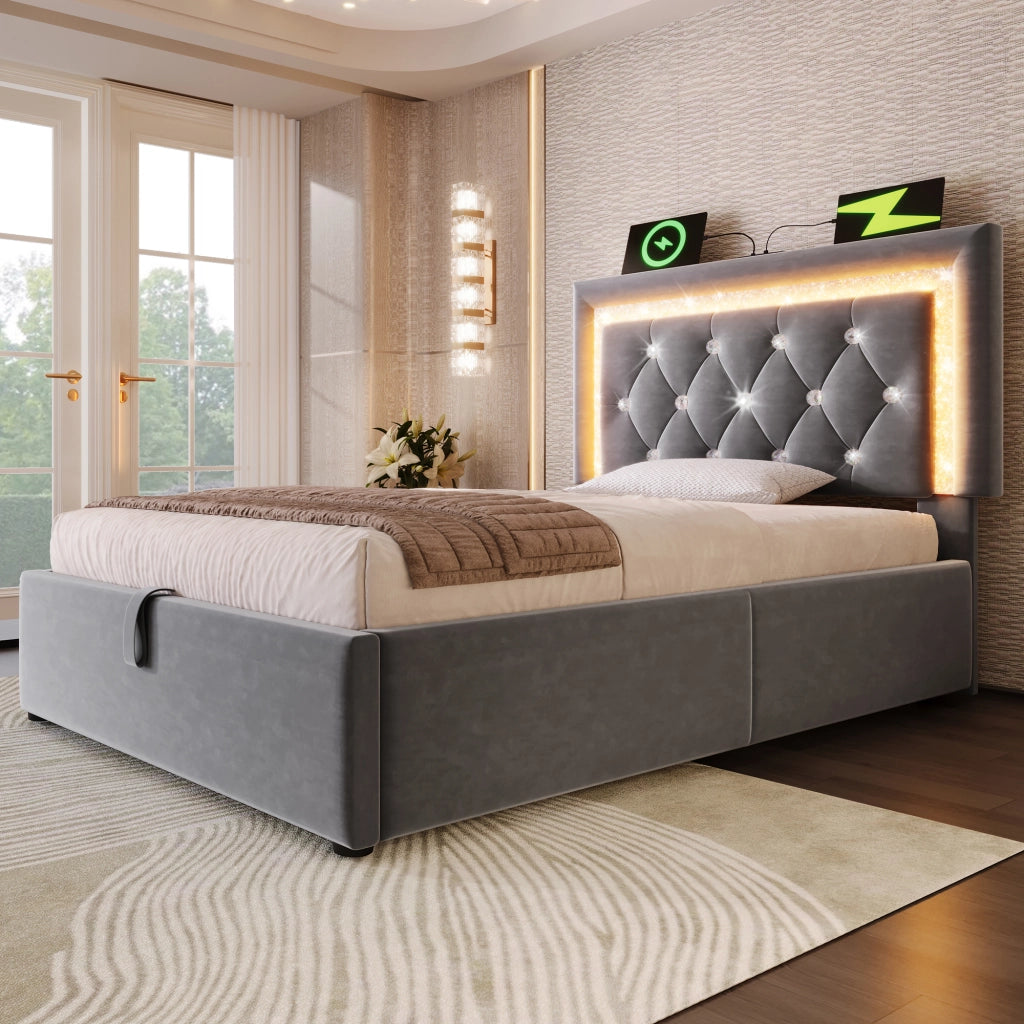 Letto singolo – 90x200 cm – LED USBC cassone con materasso – velluto grigio