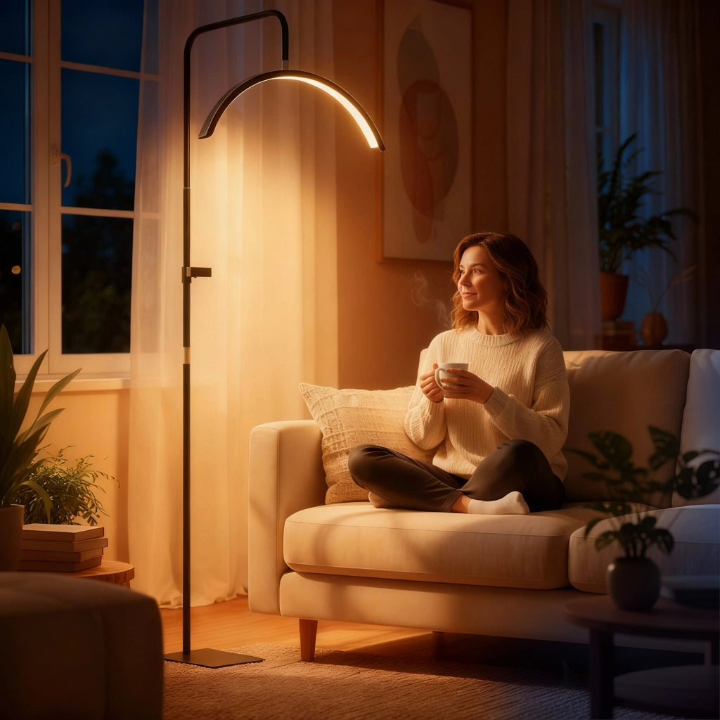 Lampada da Terra LED con Testa a Mezza Luna, Altezza e Temperatura Colore Regolabili, Telecomando, Nero